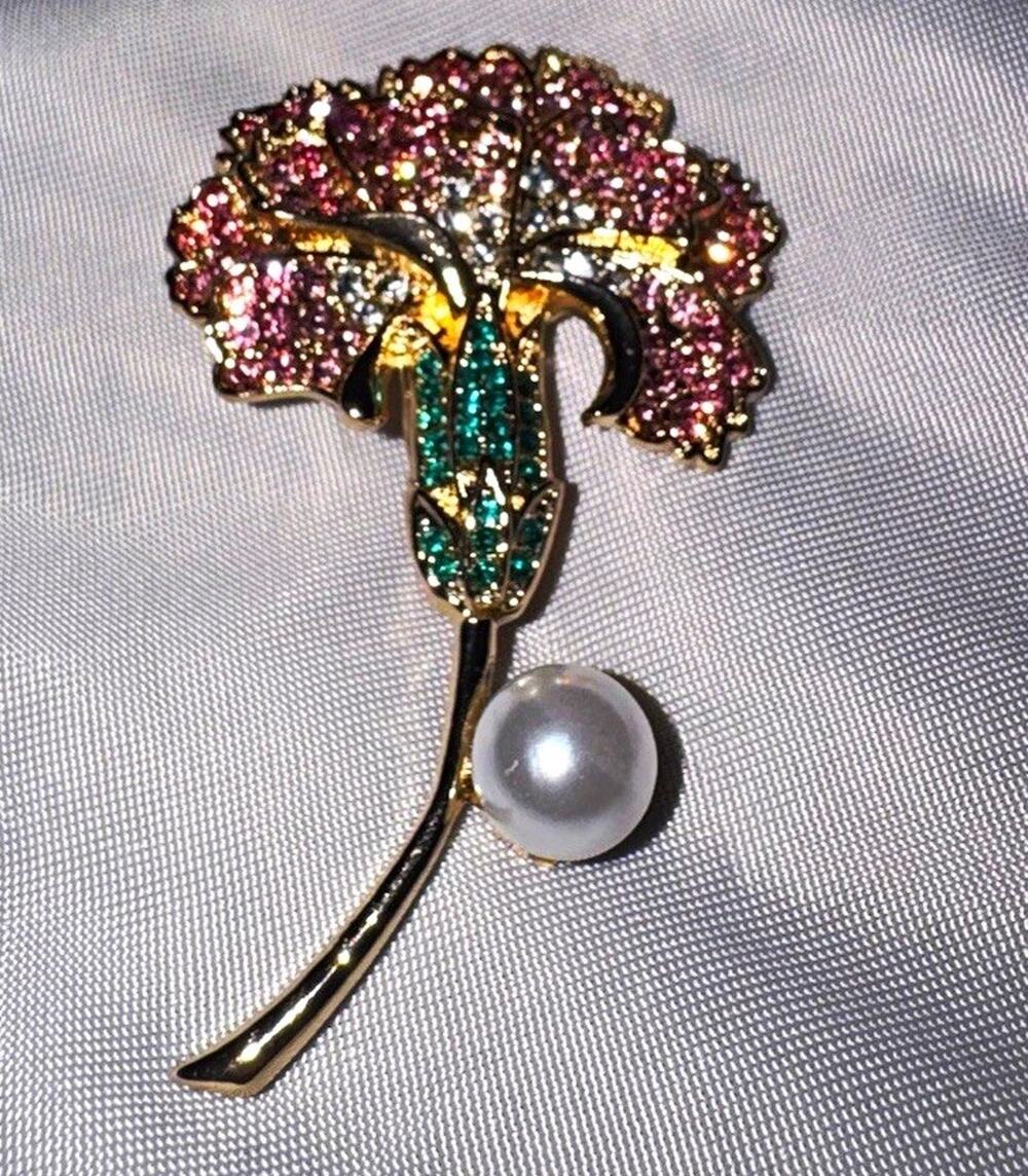 Pink Carnation Flower Brooch Gold Tone Rhinestone Faux Pearl Statement Pin NEW